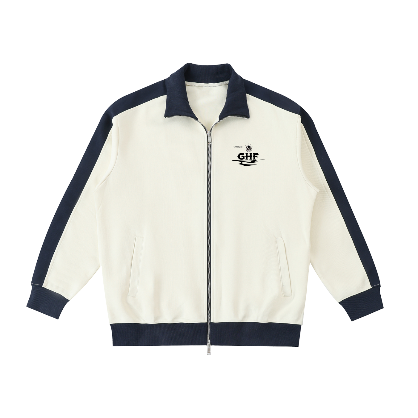 Halloween Theme Cross With GHF Logo Mild Apricot With Navy Blue Contrast Trim Stand Collar Jacket