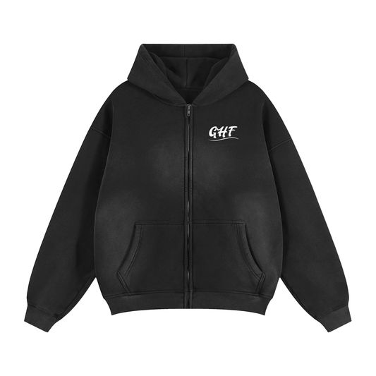 Adam and Eve With GHF Logo Sunfade Two-way Zipper Boxy Fleece Hoodie